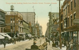 Colour postcard depicting a view of Yonge Street with horse-drawn buggies, many shops, and pede ...
