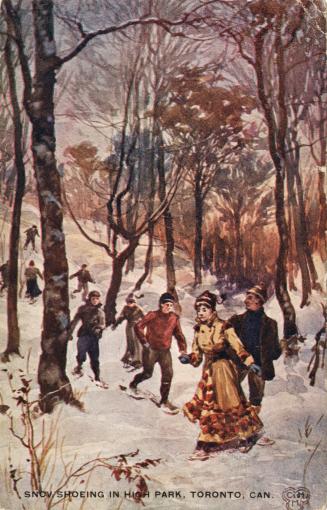 Color painting of people on snowshoes tramping through a wooded area.