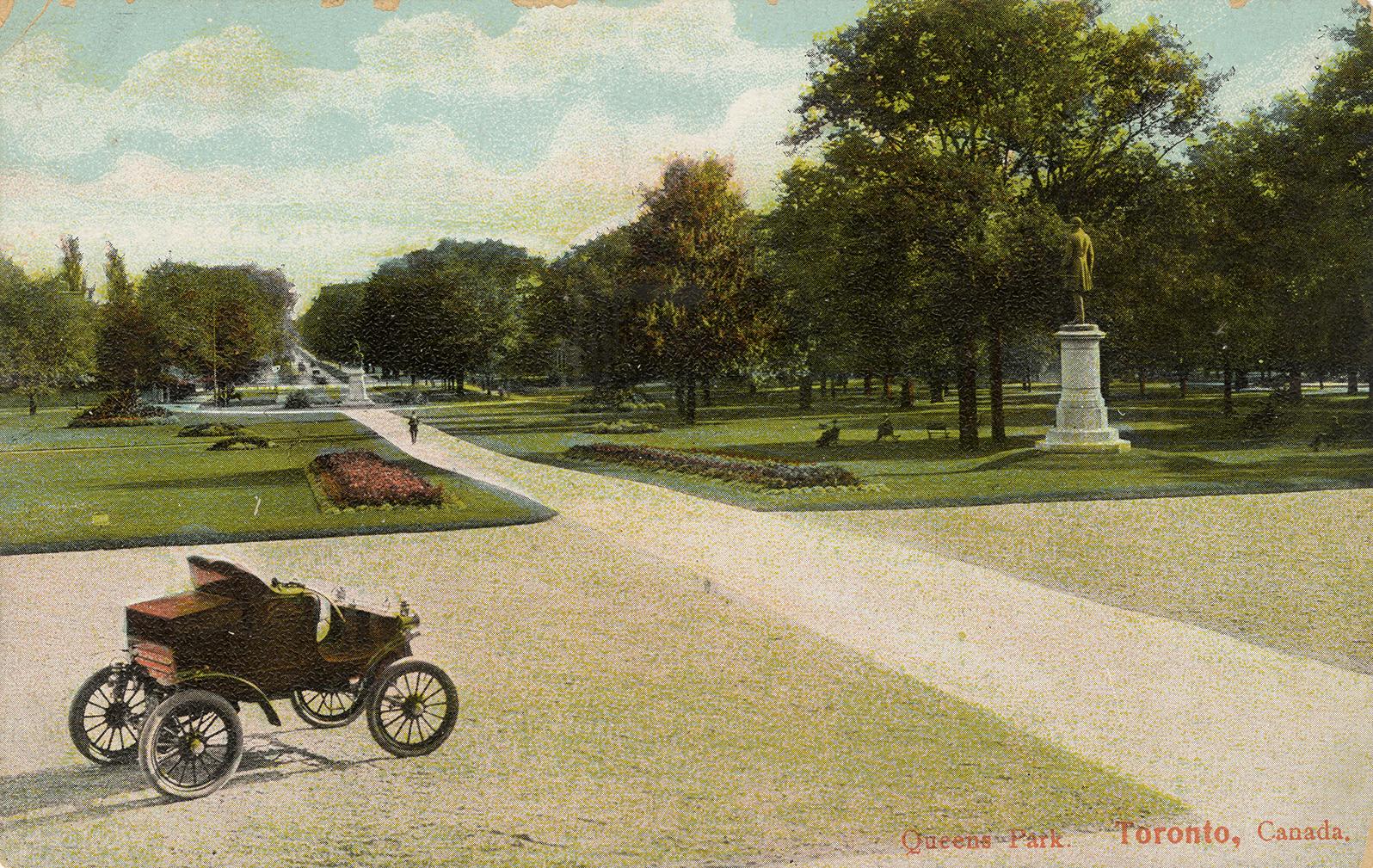 Colorized photograph of people walking down a long path in a park. Automobile is in the foregro ...