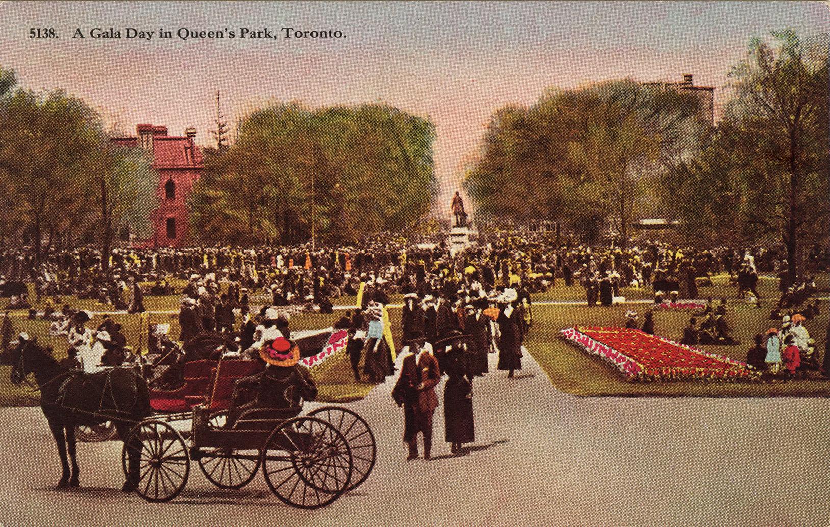 Colorized photograph of large crows congregating in a park.