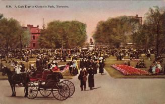 Colorized photograph of large crows congregating in a park.