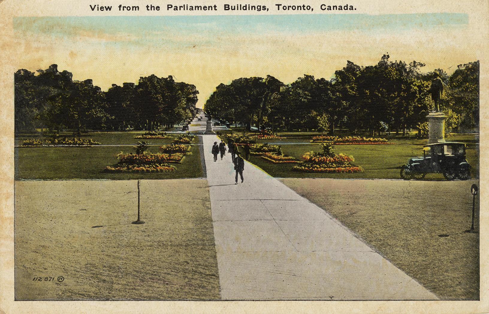 Colorized photograph of people walking on a wide path in a park.