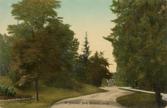 Colorized photograph of a wooded area with a path running through it. Steps going up are visibl ...