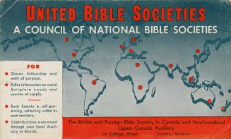 Map of the world with red dots indicating locations for various bible societies worldwide. 