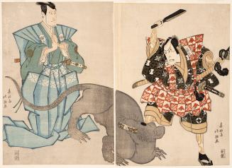 Japanese print of kabuki actors Nakamura Utaemon and Matsumoto Koshiro as Arajishi Otokonosude  ...