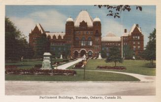 Colorized photograph of a huge, Richardsonian Romanesque building.