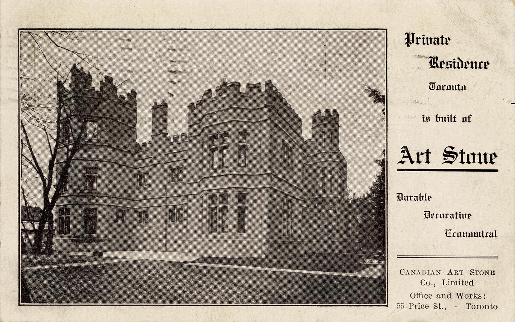 Black and white postcard with an inset photo depicting the exterior of a castle-shaped resident ...