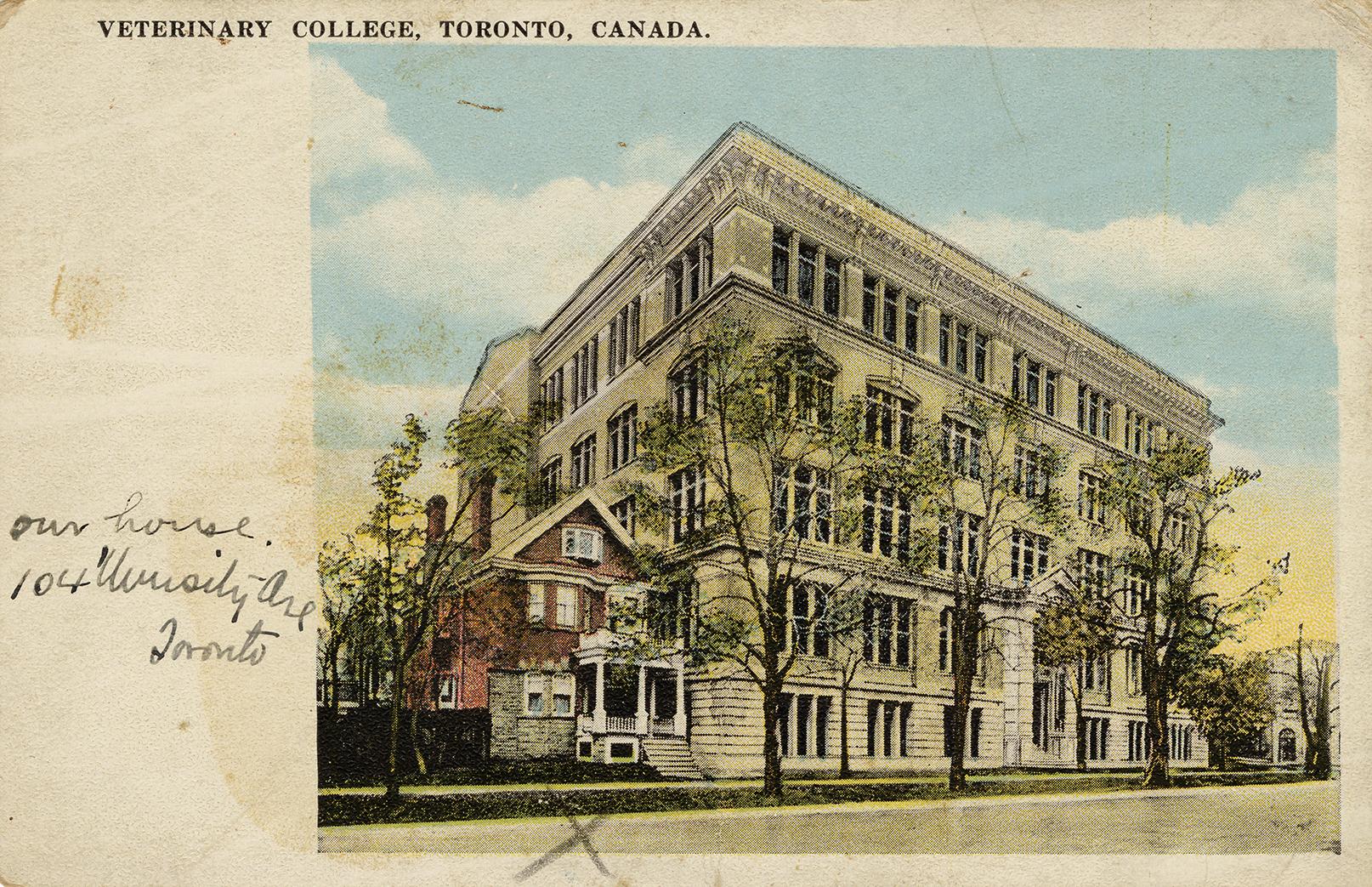 Colour postcard with an inset illustration of a 5-story building with a house directly next to  ...