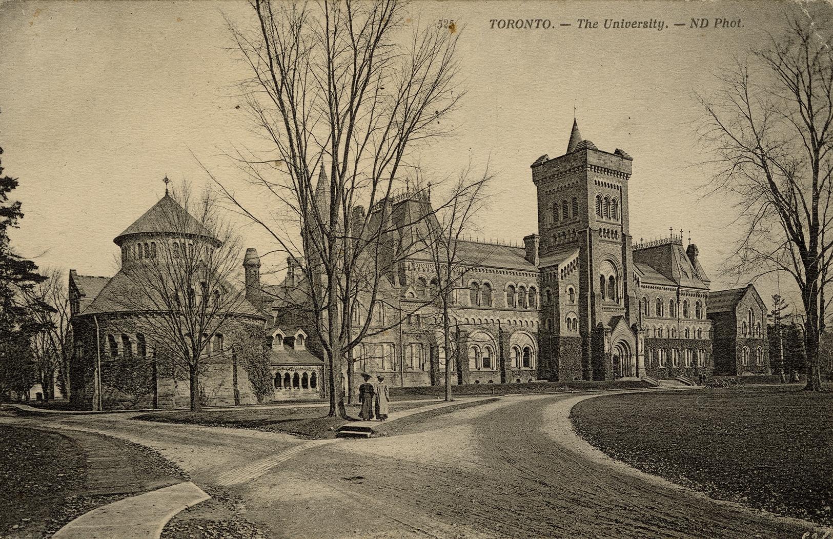 Black and white photo postcard (now sepia-toned) depicting the south-west facade of University  ...