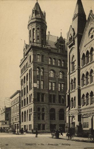 Sepia-toned photo postcard depicting the exterior of the Home Life building at street level, ne ...