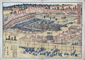 Japanese print of a panoramic view of a nō theatre at Osaka (polychrome)