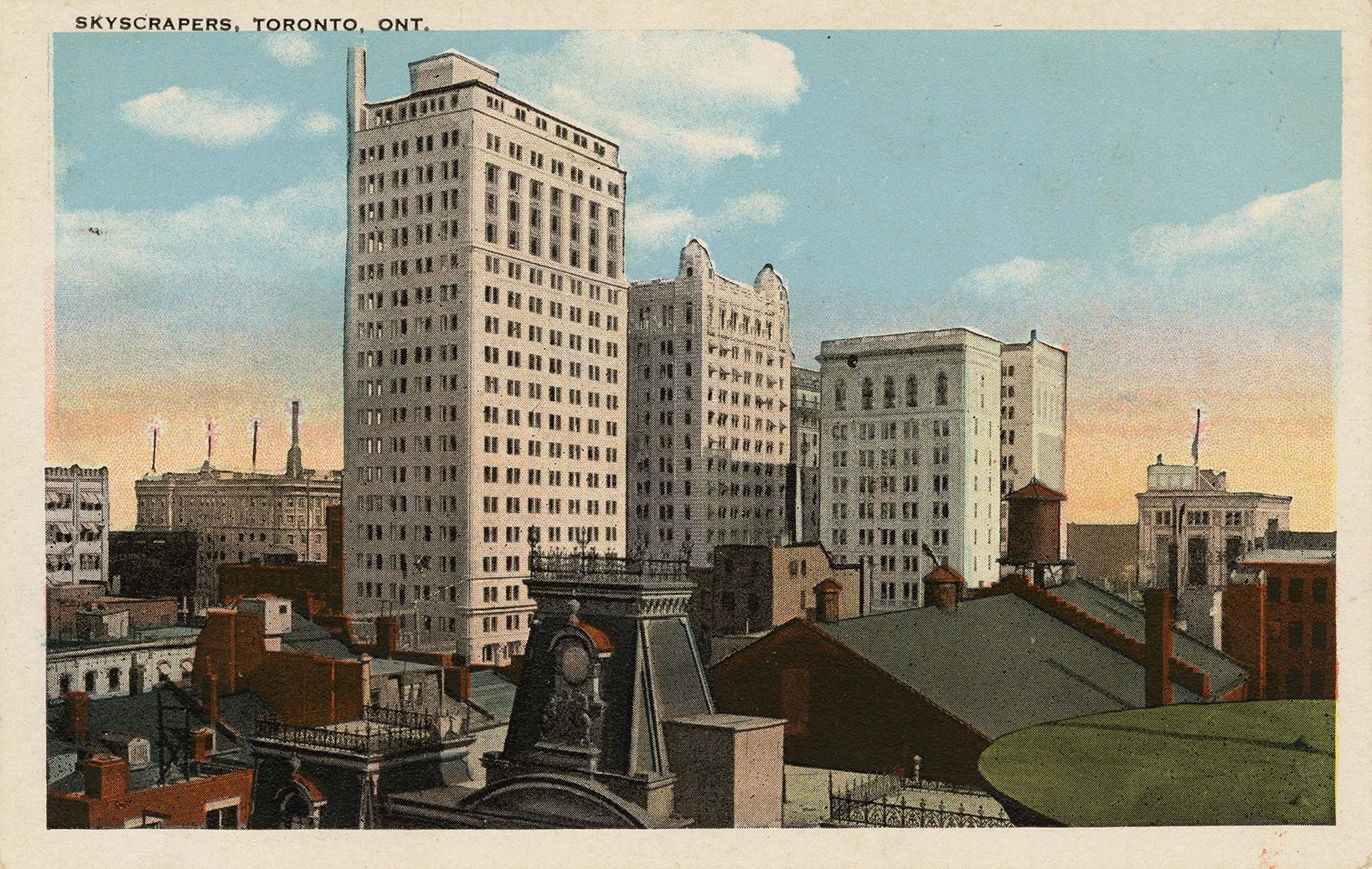 Colorized aerial photograph of skyscrapers in a large city.