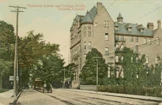 Colorized photograph of a large building with turrets