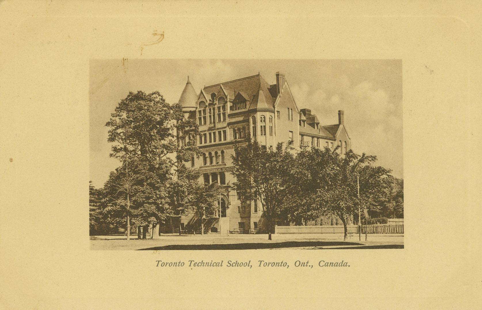 Sepia toned photograph of a large building with turrets