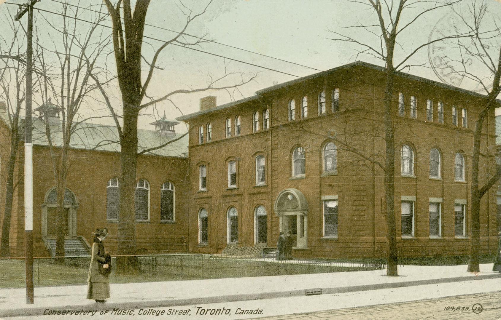 Colorized photograph of a three story collegiate building.