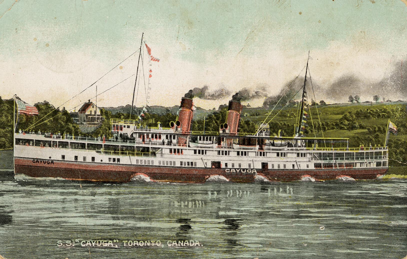 Colorized photograph of a steamship near a shoreline