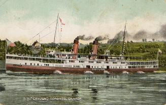 Colorized photograph of a steamship near a shoreline