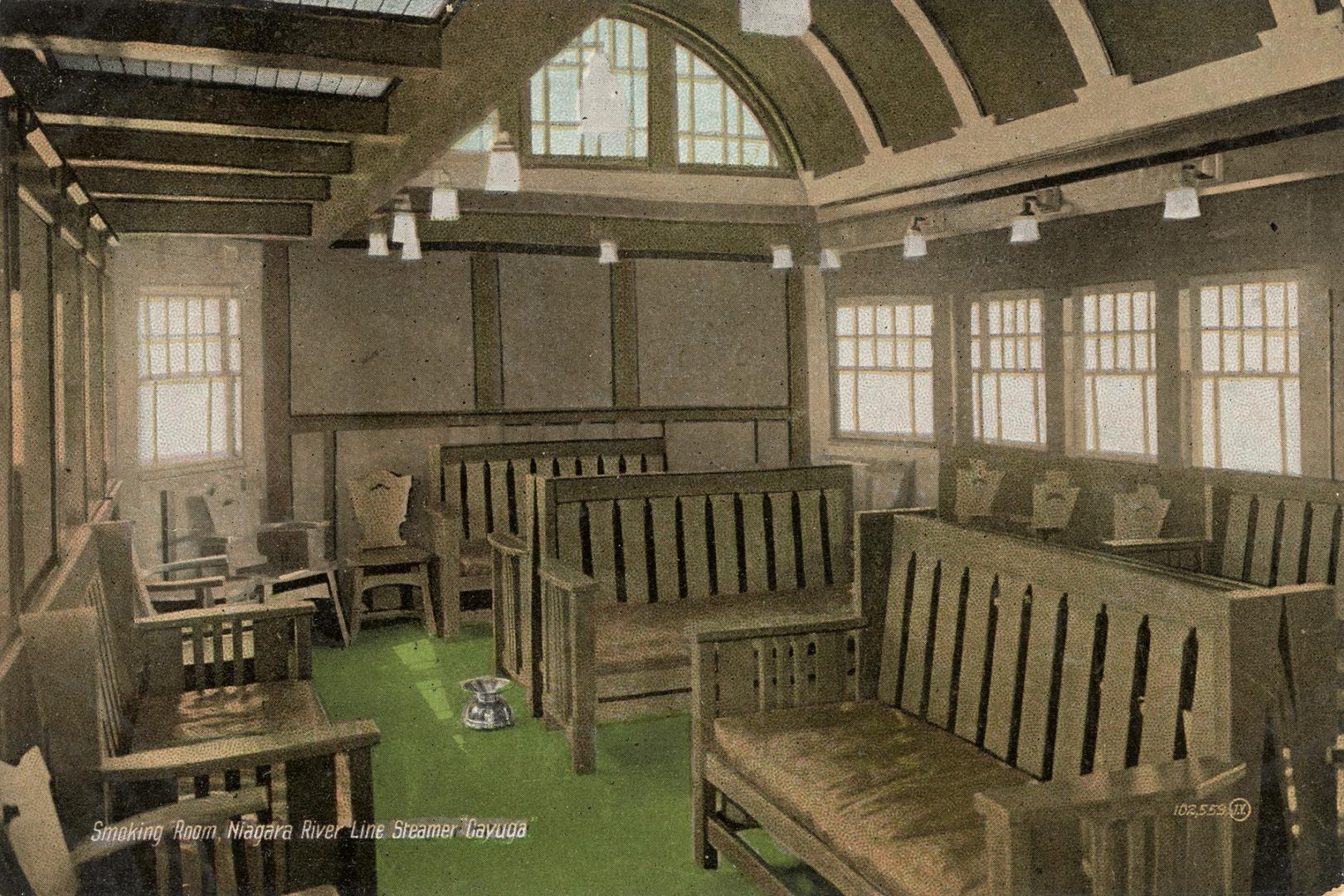 Colorized photograph of many padded wooden benches in a room with many windows.