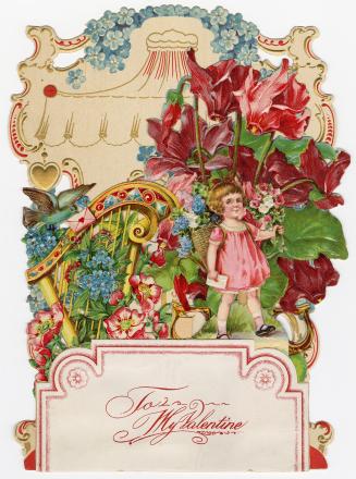 A pop-up card.Foreground: A child wearing a wicker backpack full of flowers holds an envelope a ...