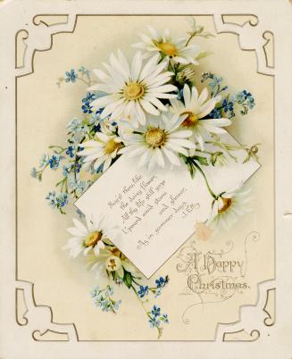 A bouquet of daisies and forget-me-nots with a rhyming verse written on the card at their centr ...