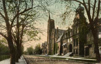 Colorized photograph of a large, Victorian, collegiate building with a turret. Church is in the…