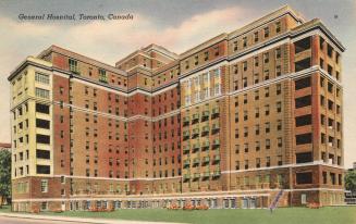 Colorized photograph of a large, L shaped, multi-story story building.