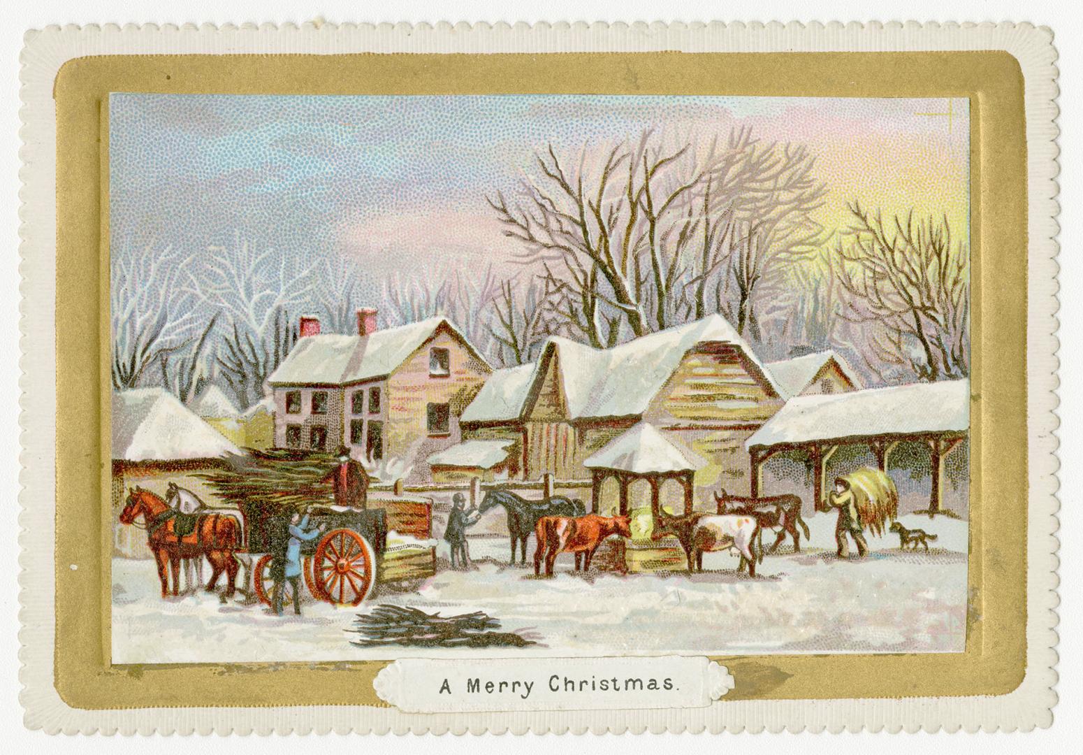 A winter scene depicts a snowy village with a horse drawn cart, cows eating and people going ab ...