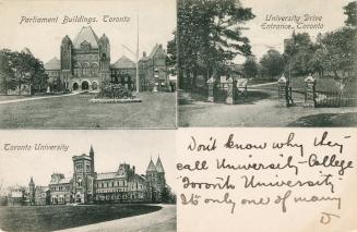 Black and white photo postcard depicting a montage of three photos: Parliament Buildings, Toron ...