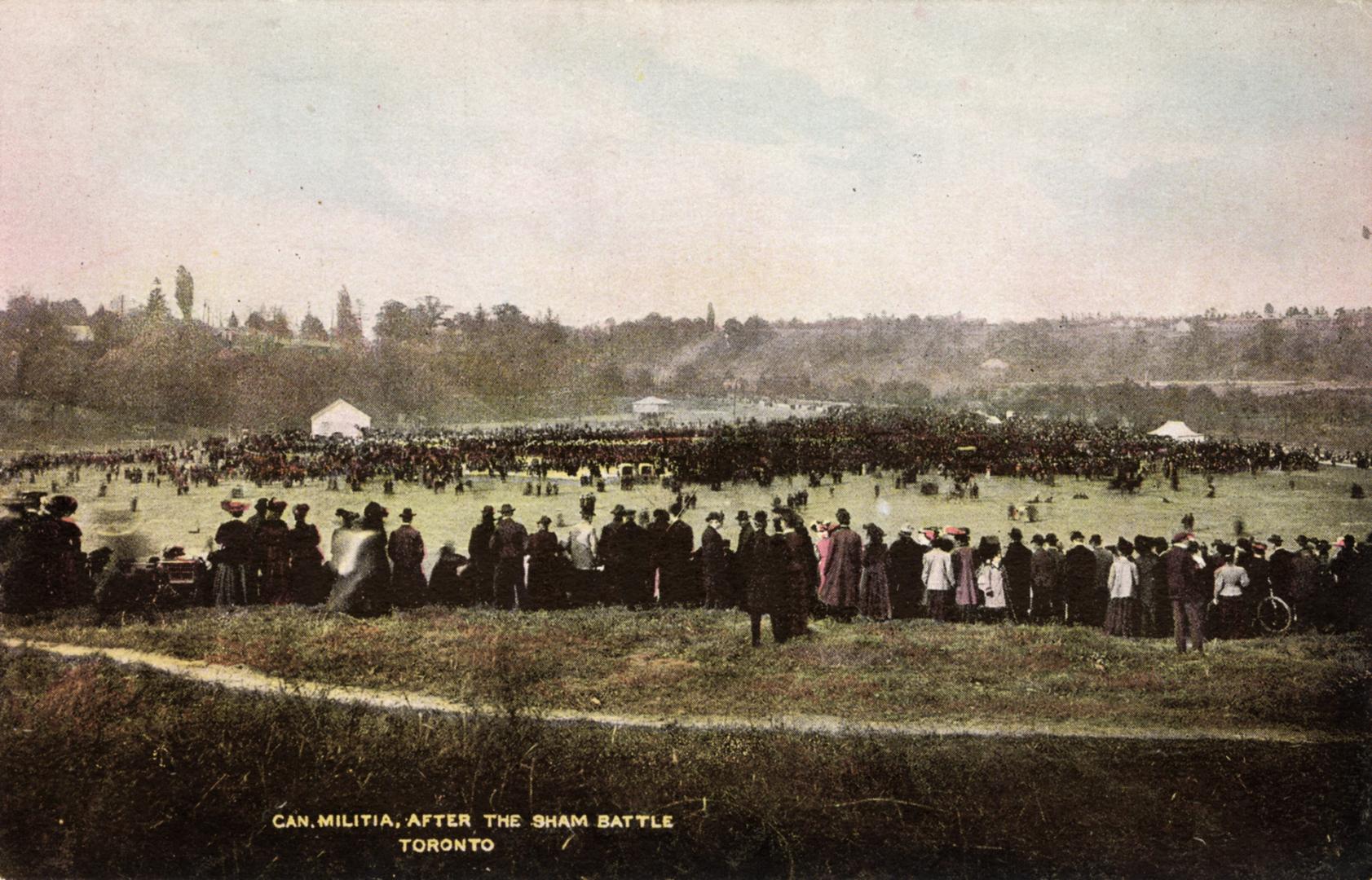 Colour photo postcard depicting many military personnel in a large field at Don Valley with spe ...