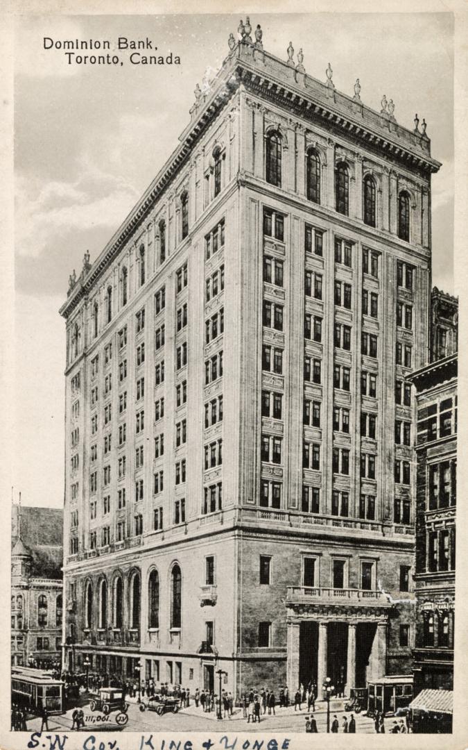 Black and white photo postcard depicting the exterior view looking south on Yonge from King Str ...