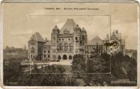 Sepia-toned photo postcard containing an inset photo montage of various Toronto buildings and a ...