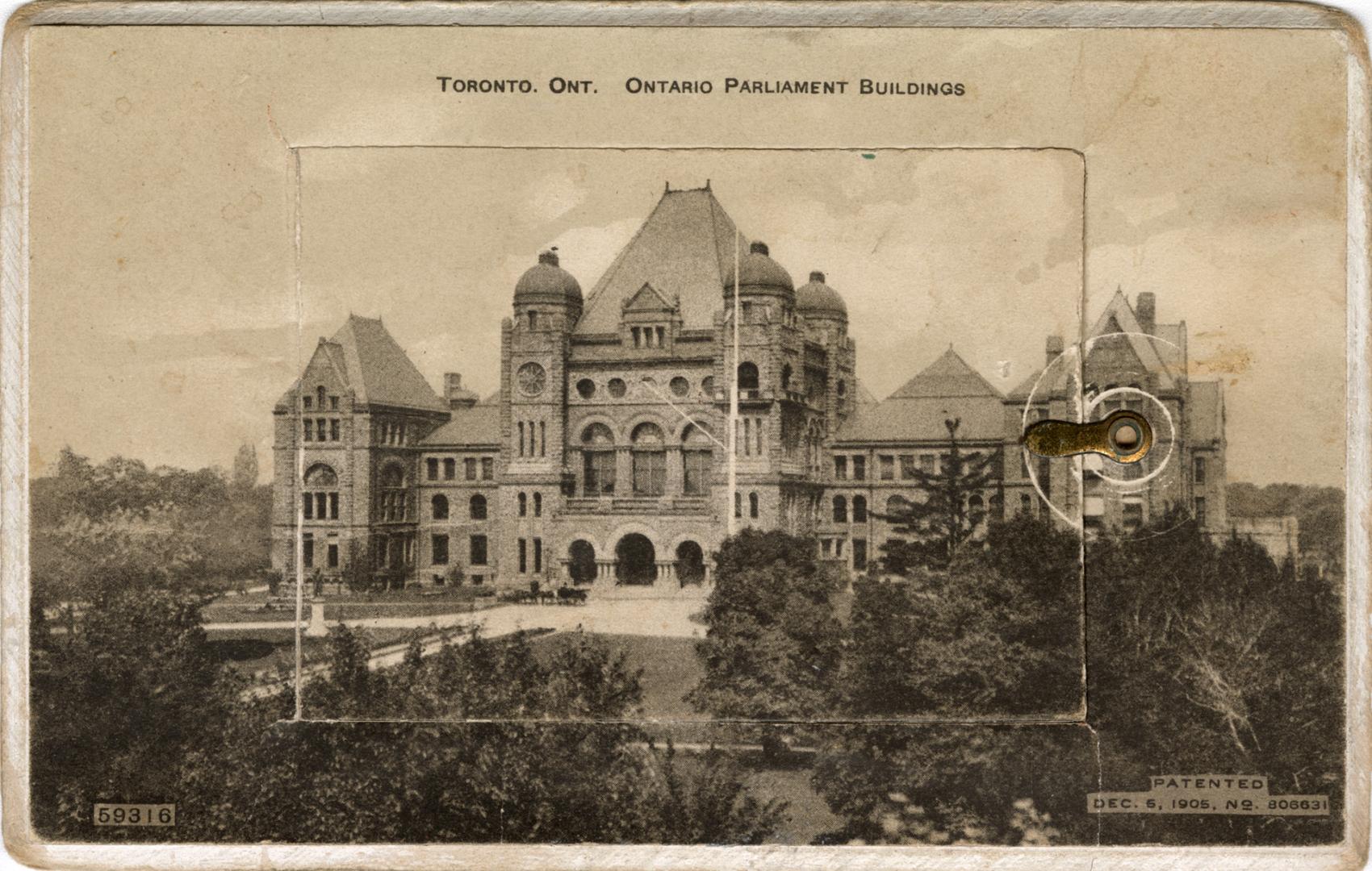 Sepia-toned photo postcard containing an inset photo montage of various Toronto buildings and a ...