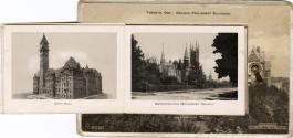 Sepia-toned photo postcard containing an inset photo montage of various Toronto buildings and a ...