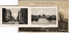 Sepia-toned photo postcard containing an inset photo montage of various Toronto buildings and a ...