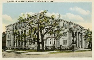 Colorized photograph of a huge collegiate building of the classical ionic style.