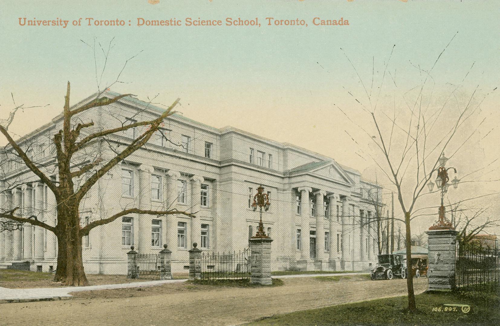 Colorized photograph of a huge collegiate building of the classical ionic style.