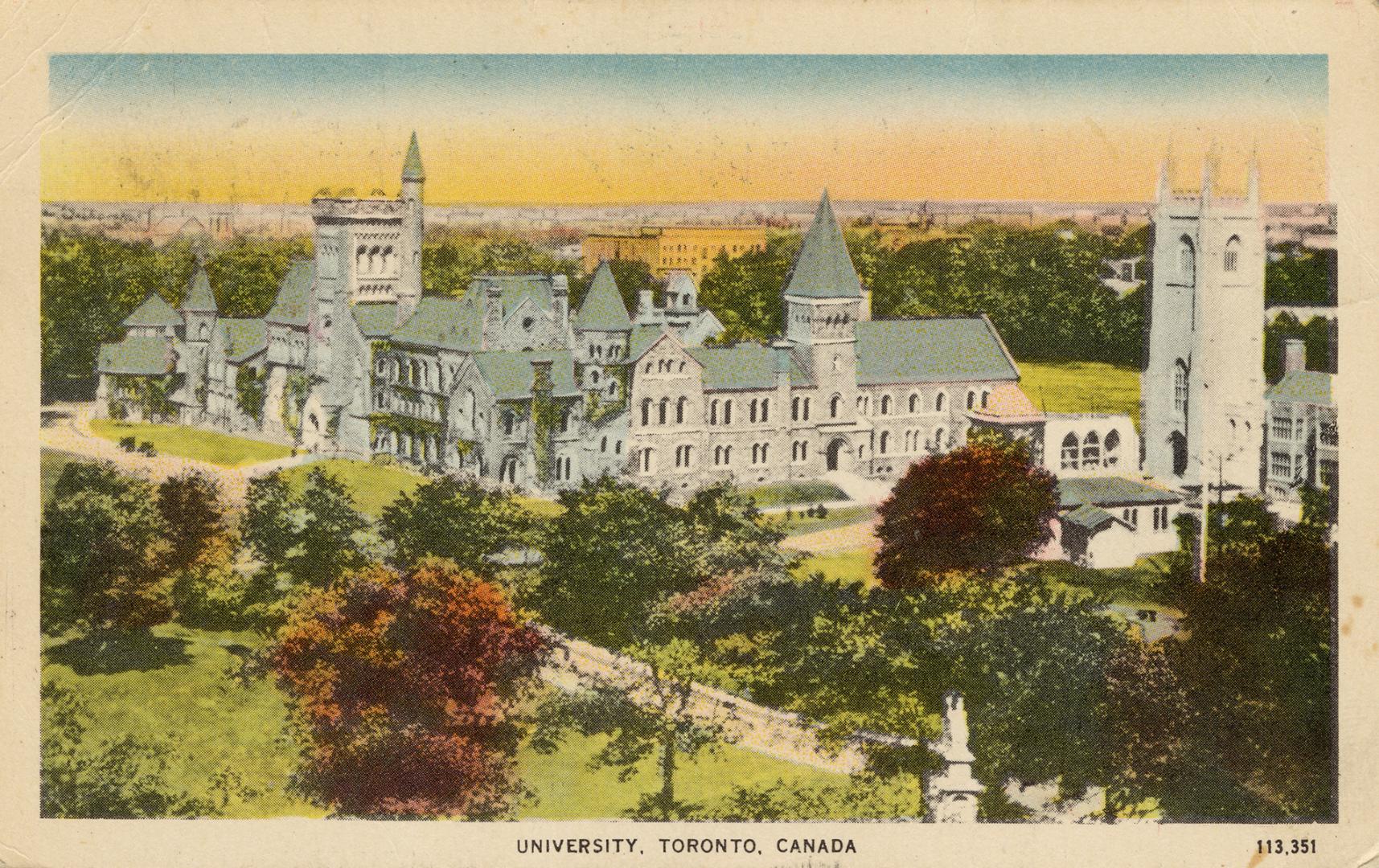 Colorized photograph of a huge, Romanesque Revival style building taken from the air or high to ...