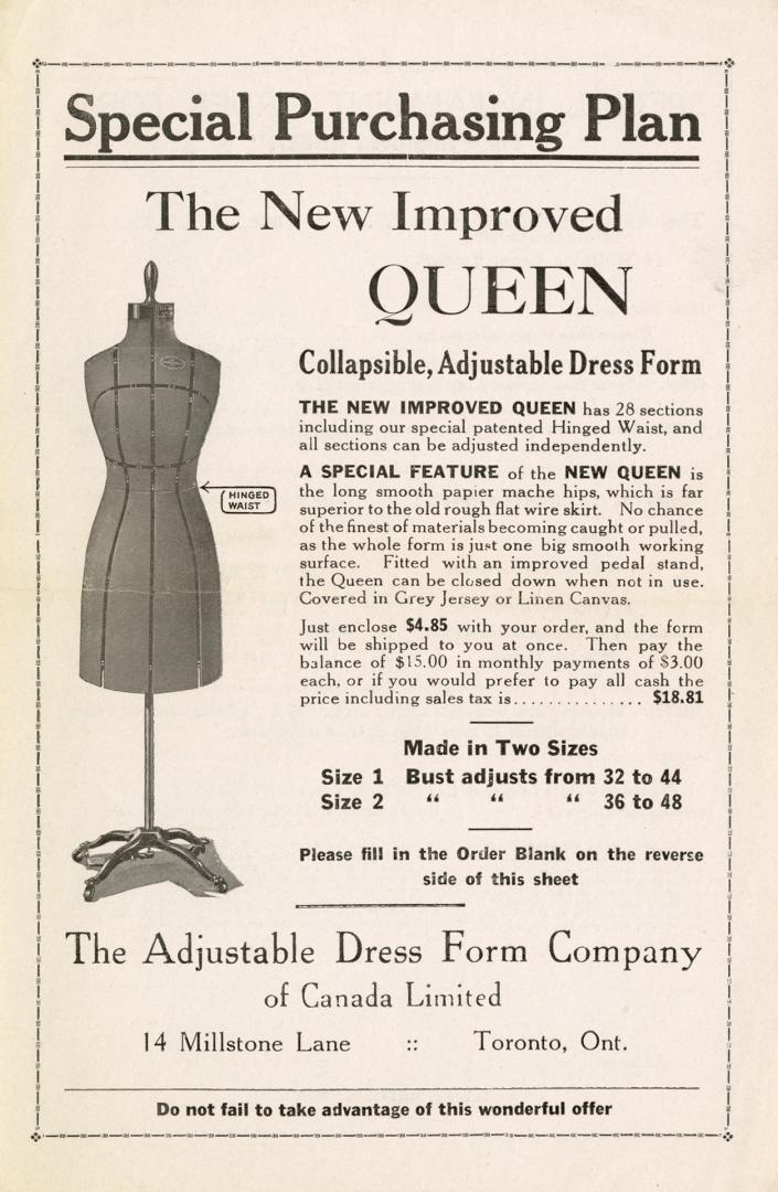 2 sided printed advertisement with black and white text and an illustration of a dress form - s ...