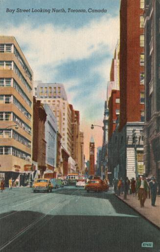 Colorized photograph of a city street with tall office buildings and skyscrapers on either side ...