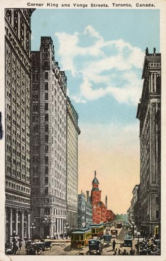 Colorized photograph of a city street with tall office buildings and skyscrapers on either side ...