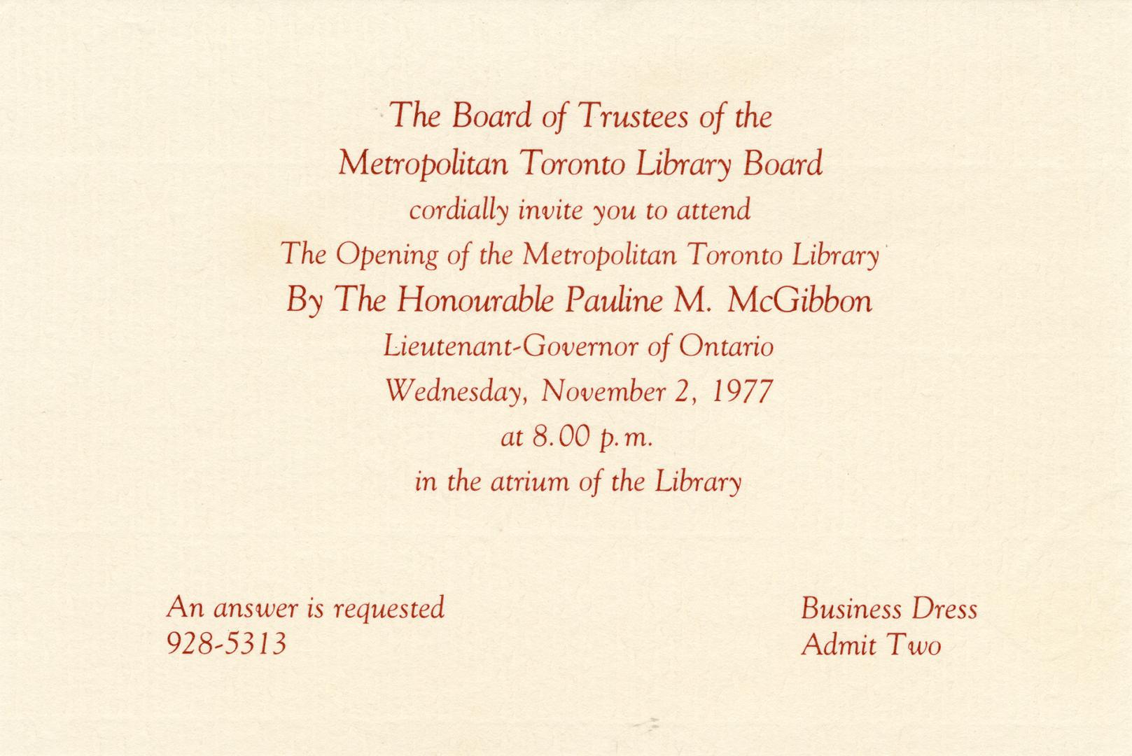 Invitation to library opening. 