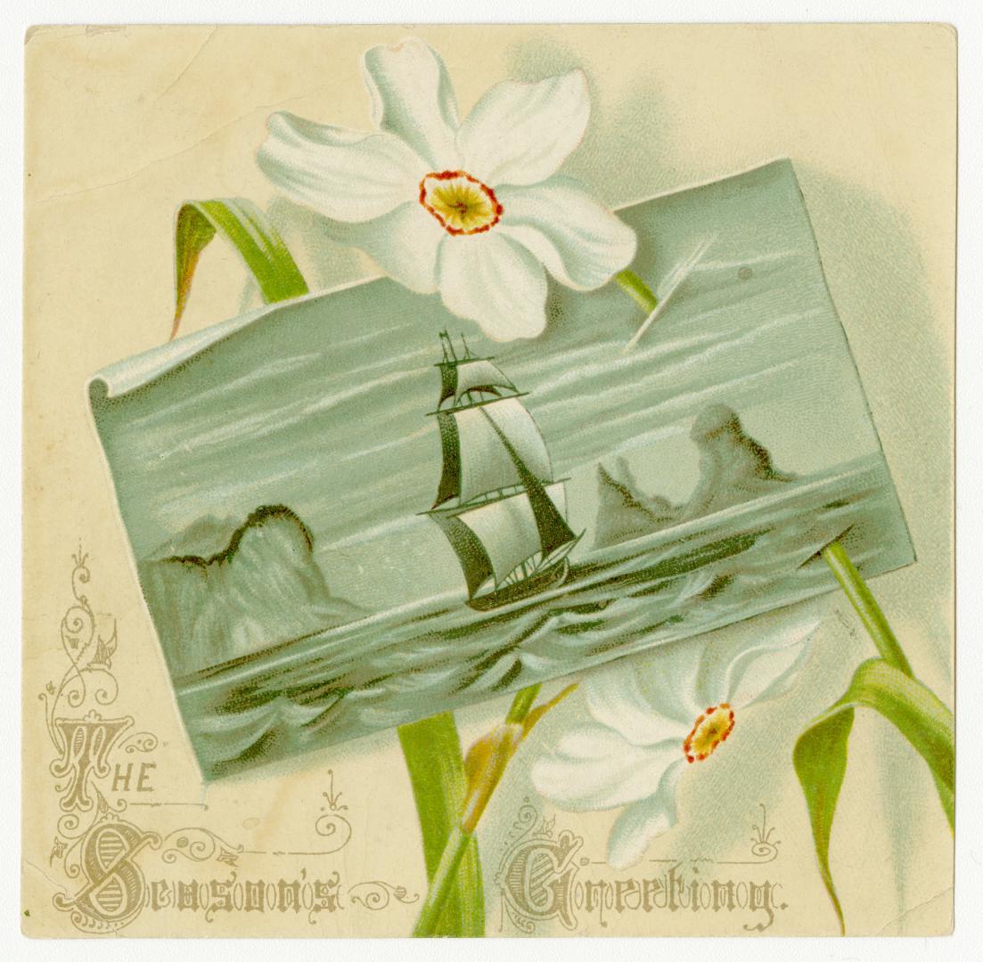 A beige card adorned by two white flowers and an image at the centre showing a sail boat on the ...