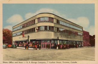 Colorized photograph of a three story retail building.