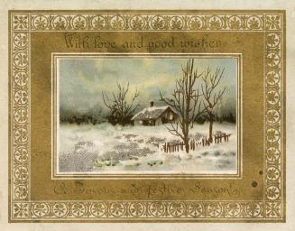 A snowy field is shown along with a few barren trees and a cosy looking house in the distance.  ...