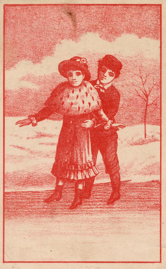 Front of card with illustration of two people in a winter scene. Printed in red ink.