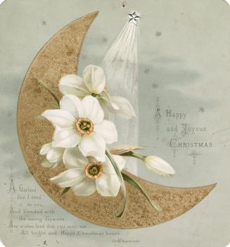 The card pictures white flowers nestled in a golden crescent moon. Silver stars decorate a ligh ...