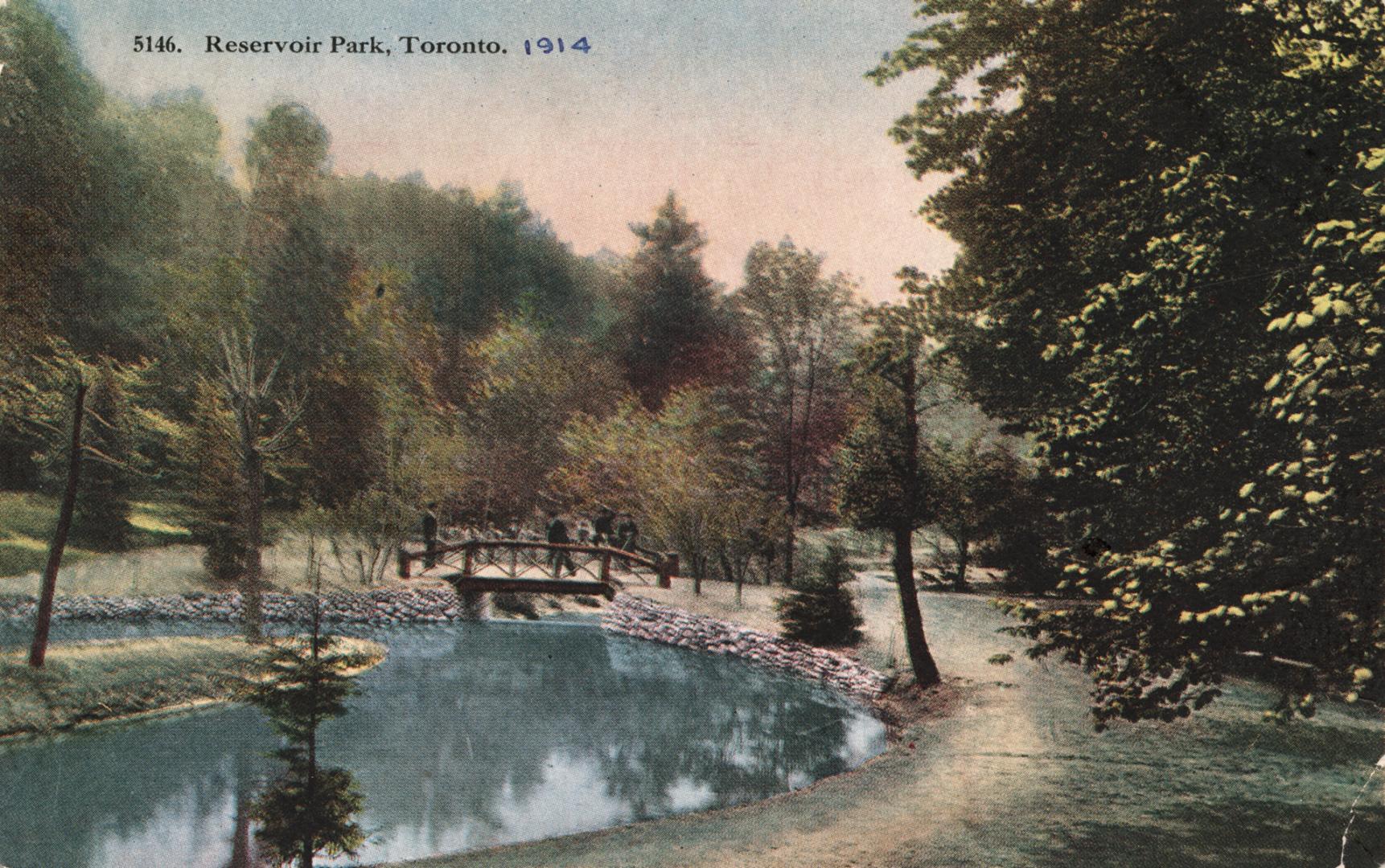 Colorized photograph of a bridge over a narrow body of water. People are crossing it.