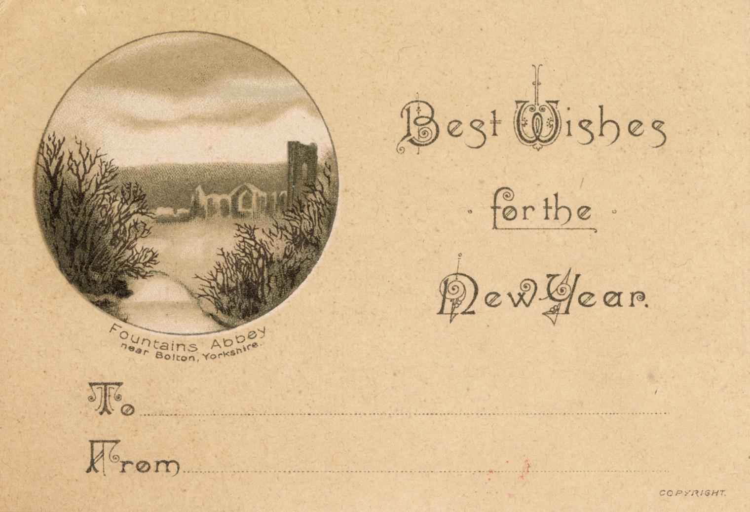 "Best wishes for the New Year" is printed on beige cardstock, along with blank lines labelled " ...