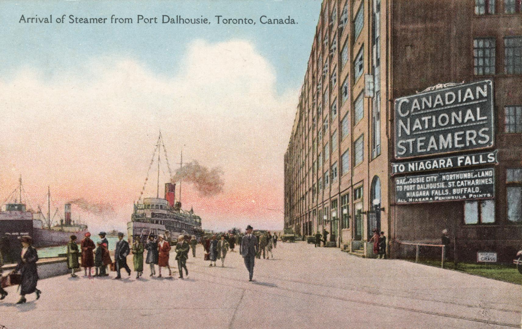 Colour postcard depicting an illustration of the Toronto harbour with pedestrians alongside and ...