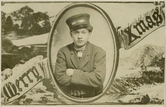 Black and white photograph of a man in a uniform surrounded by the West and East coasts of Cana ...